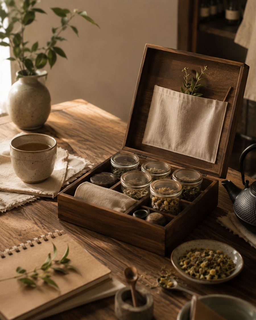 Ingredientes organizados do ritual Jing An para consulta rápida